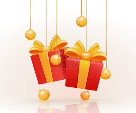 Téléchargez les illustrations : Boîte cadeau 3D vectorielle réaliste rouge avec des éléments de boule d'or suspendus par une corde. Coffret cadeau avec boule dorée et ombre isolée sur fond blanc. Convient pour la publicité, cadeaux d'anniversaire et de Noël - en licence libre de droit