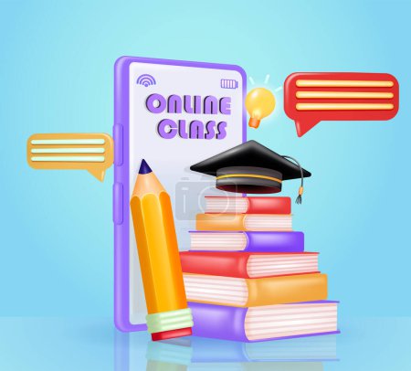 Illustration for Online learning class on mobile phone, with 3d vector elements of pile of books, pencils, text balloons, lamp and graduation cap. Smartphone background. Perfect for education and design elements - Royalty Free Image