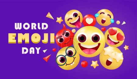Ilustración de Día mundial de emoji, cara de emoji lindo y diferentes expresiones faciales con estrellas y elementos de amor. Perfecto para eventos y elementos de diseño - Imagen libre de derechos