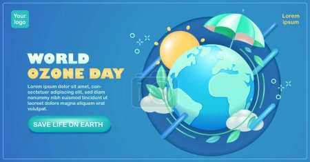 Ilustración de Día Mundial del Ozono. 3d ilustración de la tierra tiempo paraguas y plantas. Su objetivo es educar a la gente sobre el agotamiento de la capa de ozono y encontrar posibles soluciones para preservarla. adecuado para eventos - Imagen libre de derechos
