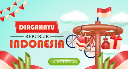 Illustration for Happy Indonesian Independence Day. Red and White. August 17th. 3d illustration of pinang climbing, Indonesian flag and pointed bamboo, suitable banne for events - Royalty Free Image