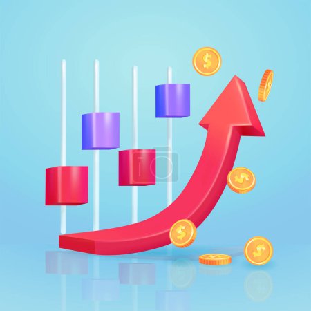 Illustration for Growth stock chart, 3d vector with coin money elements, descending and ascending beams, excellent investment business chart. suitable for business and presentations - Royalty Free Image