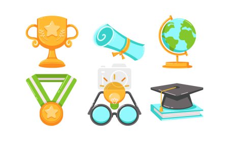 Illustration for Academy Icon Set. Vector color icons. Contains a globe, trophy, graduation cap, certificate, light idea, glasses and medal. You can use for your website and social media - Royalty Free Image