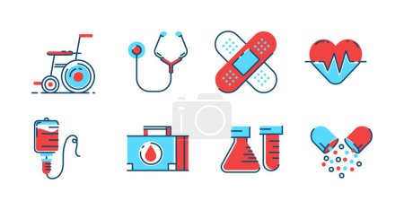 Illustration for Health collection of color icons with lines. Wheelchair, medicine, beaker, medical box, infusion, blood donor, stethoscope, heart rate and wound plaster. Suitable for website - Royalty Free Image
