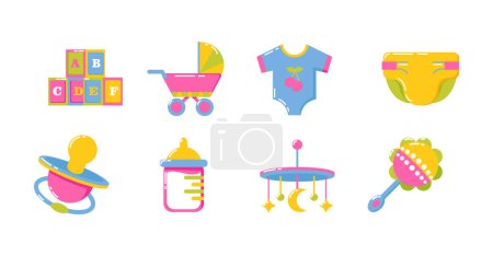 Newborn baby accessories and gear icons. Strollers, toys, clothes, pacifiers, feeding bottles and pampers. Suitable for websites and patterns