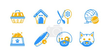 Linda mascota tienda icono gráfico vectorial. Perros, gatos, jaulas, casas, comida, collares, pelotas y herramientas de aseo. Apto para sitios web y patrones