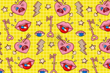 Illustration for Cute retro cartoon pattern semmles design. Hearts, arrows, mouths, lightning, eyes and stars. Suitable for elements and backgrounds - Royalty Free Image
