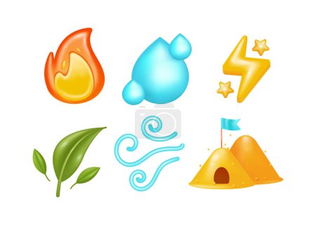 Illustration for Elements of fire, water, beach sand, leaves, wind and lightning 3d vector. Suitable for design assets - Royalty Free Image