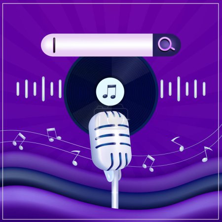 Illustration for Vintage microphone on a vinyl background, with elements of musical notes, search bar and musical waves. 3d vector suitable for music events - Royalty Free Image