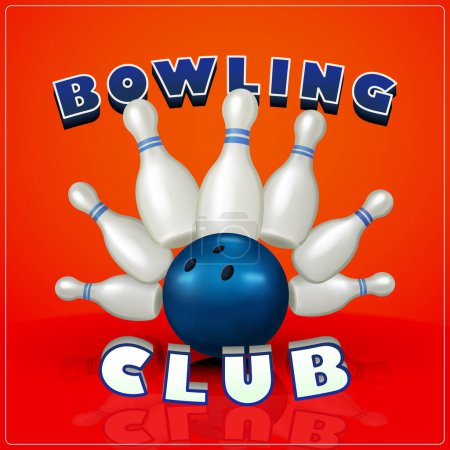 Téléchargez les illustrations : Bowling Club. Éléments de sport 3D réalistes avec des quilles et des boules de bowling. Modèle d'affiche vectorielle. Balle frappant skittles, adapté pour les annonces de compétition et les événements de divertissement - en licence libre de droit