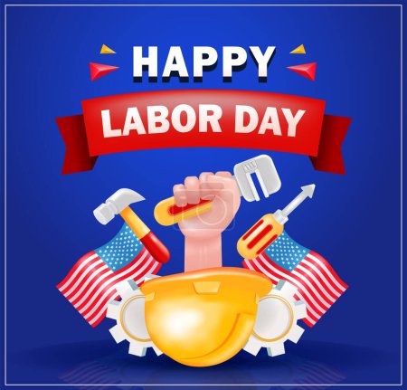 Illustration for Happy Labor Day. 3d vector of a fist clenching a key coming out from inside a project helmet, with hammer, screwdriver, gears and American flag elements. Suitable for events - Royalty Free Image
