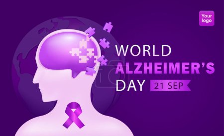 Ilustración de El Día Mundial del Alzheimer conmemora una enfermedad progresiva, donde los síntomas de la demencia empeoran gradualmente a lo largo de varios años. 3d ilustración de la pérdida de memoria en el cerebro - Imagen libre de derechos