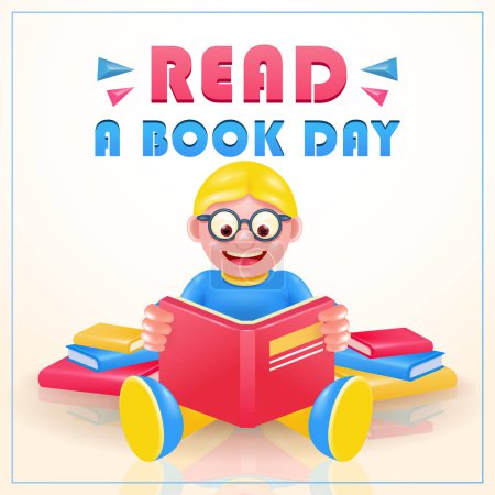 Téléchargez les illustrations : Enfant avec des lunettes tenant un livre ouvert et lisant. Adapté vecteur 3D pour affiche du festival du livre, éducation, journée du festival culturel, bibliothèque ou événement de lecture pour les enfants - en licence libre de droit