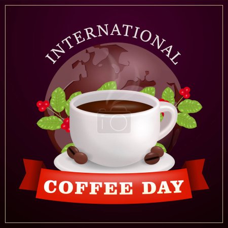Téléchargez les illustrations : Tasse à café avec grains de café et décoration de plantes de café, avec fond de terre en vecteur 3d. Convient pour bannières, affiches, cartes de vœux - en licence libre de droit
