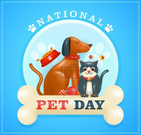 Illustration for Cat and dog pets, with food and toy elements in 3d vector. Suitable for National Pet Day and store ads - Royalty Free Image