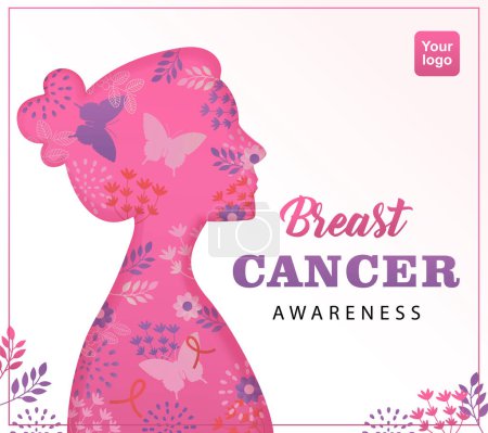 Illustration for Breast Cancer Awareness. Papercut silhouette illustration of a woman with plant and butterfly elements in it. Suitable for health advertisement - Royalty Free Image