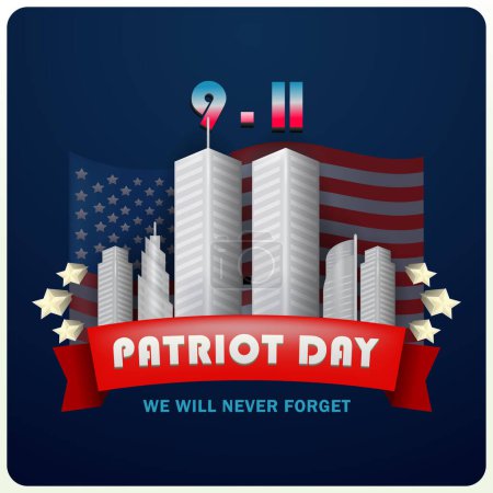 Téléchargez les illustrations : Jour du Patriote. Les tours jumelles sur la ligne d'horizon de New York, avec le drapeau américain en arrière-plan. Affiche vectorielle du 11 septembre 2001. Nous n'oublierons jamais - en licence libre de droit