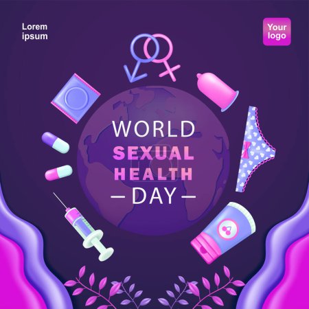 Illustration for World Sexual Health Day. Contraceptives, gender symbols, women's panties, medicines on 3d vector background. Suitable for events and health - Royalty Free Image