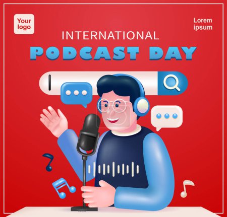 Illustration for Podcast Day. Broadcaster with text bubble elements on seach bar background, 3d vector illustration. Suitable for event advertising - Royalty Free Image