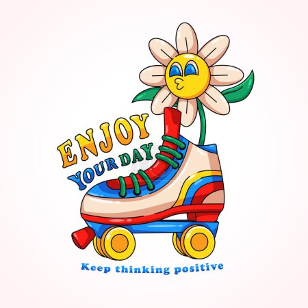 Illustration for Enjoy your day, a flower illustration with roller skates. Retro vector, suitable for mascots, t-shirts, stickers and posters - Royalty Free Image
