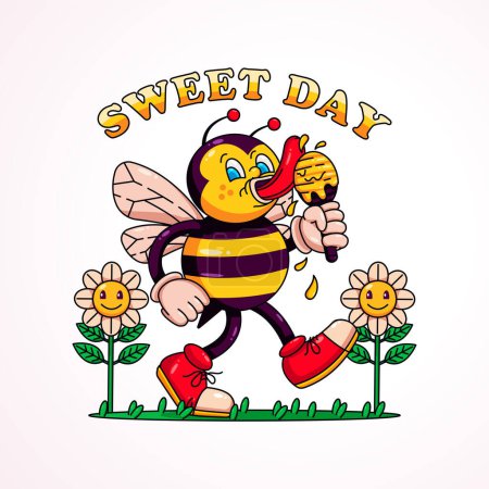 Téléchargez les photos : Sweed Day, un dessin animé rétro d'une abeille mangeant du miel, parfait pour les mascottes, t-shirts, autocollants et affiches - en image libre de droit