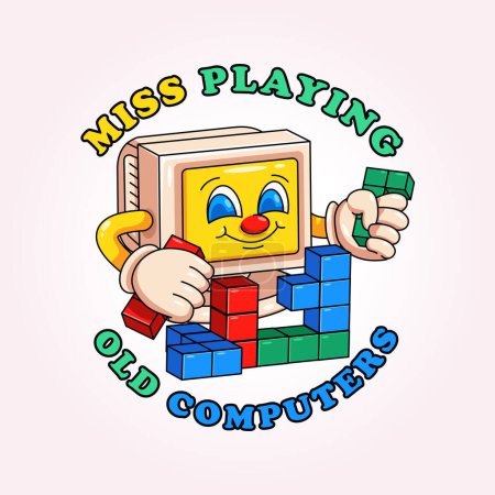 Ilustración de Ordenador viejo jugando tetris. Adecuado para logotipos, camisetas, pegatinas y carteles - Imagen libre de derechos