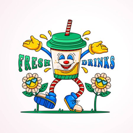 Téléchargez les illustrations : Dessin animé rétro Boisson fraîche, tasse de boisson dansant dans le jardin avec des fleurs. Convient pour les logos, t-shirts, autocollants et affiches - en licence libre de droit