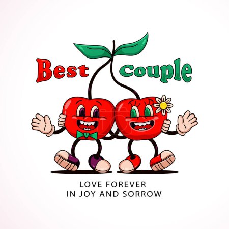 Téléchargez les illustrations : Une paire romantique de cerises. Parfait pour les logos, t-shirts, autocollants et affiches - en licence libre de droit