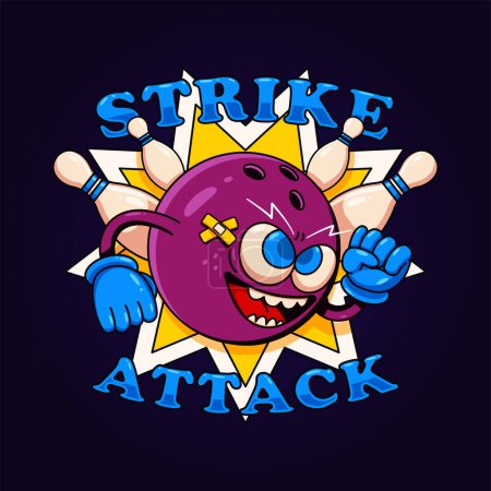 Illustration for Bowling ball mascot attacking skittles, Perfect for logos, t-shirts, stickers and posters - Royalty Free Image
