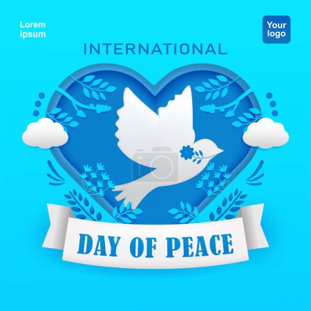 Illustration for International Day of Peace. Paper cutouts resemble doves, plants and flowers with a heart background. Suitable for events - Royalty Free Image
