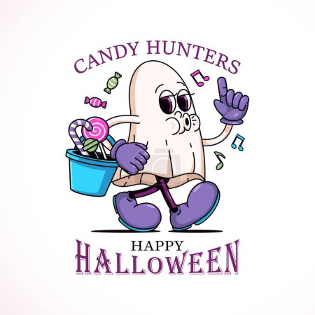 Illustration for Happy Halloween cartoon illustration of a white cloth ghost carrying a tub of candy. Perfect for logos, mascots, t-shirts, stickers and posters - Royalty Free Image