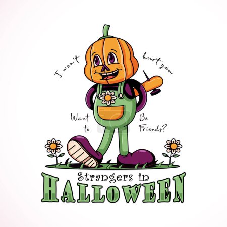 Illustration for Halloween, cartoon illustration of a child with a pumpkin head. Perfect for logos, mascots, t-shirts, stickers and posters - Royalty Free Image