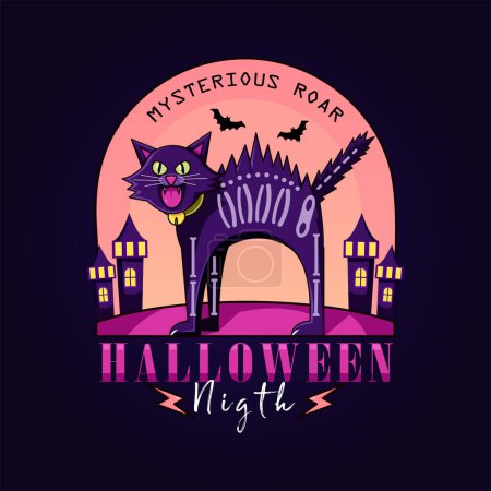 Téléchargez les illustrations : Soirée Halloween, dessin animé d'un chat noir rugissant. Parfait pour les logos, mascottes, t-shirts, autocollants et affiches - en licence libre de droit