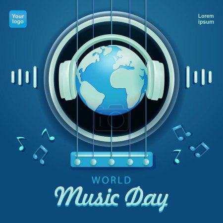 Téléchargez les illustrations : Journée mondiale de la musique. Terre miniature à l'aide d'écouteurs avec fond de guitare, vecteur 3D. Convient aux événements musicaux - en licence libre de droit