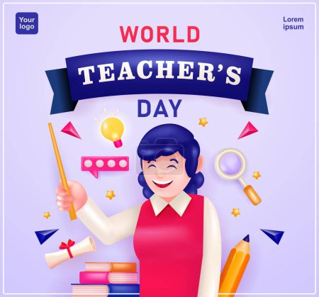 Illustration for Happy Teacher's Day. Female teacher with book, text bubble, lamp, pencil and magnifying glass elements, 3d vector. Suitable for events - Royalty Free Image
