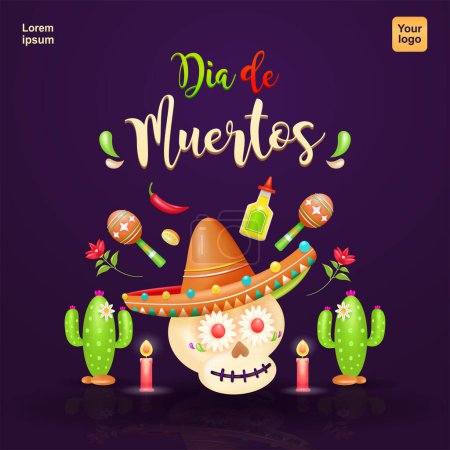Illustration for Dia de muertos. Sugar skulls with hats, candles, cacti, flowers, tequila, maracas and chili peppers. Suitable for events - Royalty Free Image