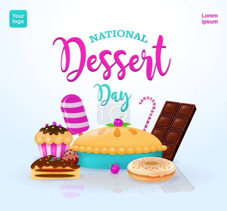 Téléchargez les illustrations : Journée nationale du dessert. Délicieux cupcakes, tartes, barres de chocolat, crème glacée, beignets, biscuits et bonbons. Vecteur 3d, adapté aux événements - en licence libre de droit