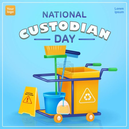 Día Nacional del Custodio. Escoba, limpiador, bote de basura, jabón limpiador de vidrio, cubo y barra de advertencia de piso. vector 3d, adecuado para eventos