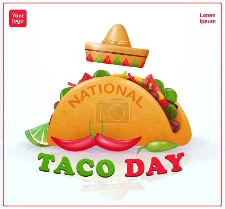 Illustration for Taco Day. Dia del Taco celebration day in America and Mexico, a traditional Latin American taco fast food menu. 3d vector, suitable for events - Royalty Free Image