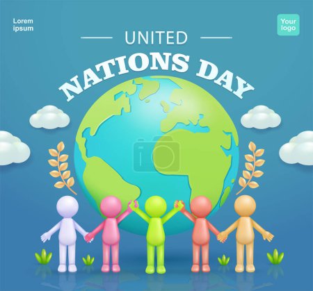 Illustration for United Nations Day. Colorful stick men holding each other, with earth background, 3d vector. Suitable for events - Royalty Free Image