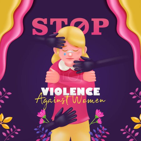 Téléchargez les illustrations : Stop à la violence faite aux femmes. Une femme qui a été blessée par une main brutale sur elle, vecteur 3D. Convient pour affiches, bannières et éléments de design - en licence libre de droit