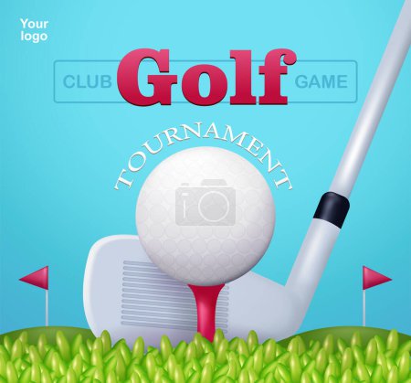 Foto de Torneo de golf. Clubes de golf y tees de pelota en el campo de hierba, vector 3d. Apto para eventos - Imagen libre de derechos