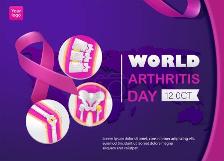 Illustration for World Arthritis Day. Ribbon elements, knee joint, spine and thigh joint. Rheumatism, osteoarthritis, 3d vector. Suitable for health and events - Royalty Free Image