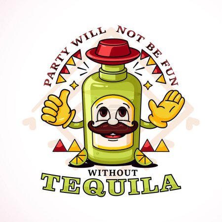 Ilustración de Botella de tequila, hora de la fiesta. Ideal para logotipos, mascotas, camisetas, pegatinas y carteles - Imagen libre de derechos
