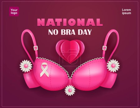 Illustration for No Bra Day. A pink bra with floral elements, ribbon and heart-shaped paper. Breast cancer awareness. 3d vector. Suitable for breast health - Royalty Free Image