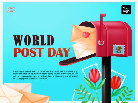 Ilustración de Día Mundial del Postal. Buzón que contiene una carta de amor, con elementos de flor de tulipán. vector 3d, adecuado para eventos y elementos de diseño - Imagen libre de derechos