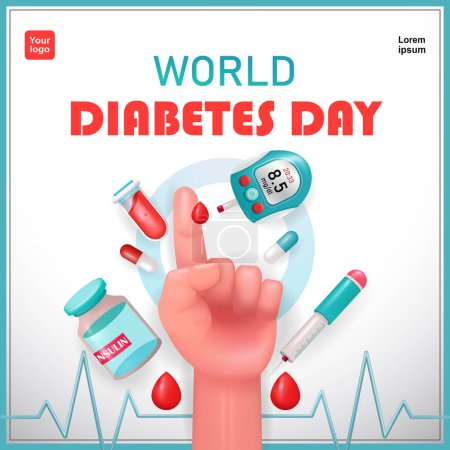 Téléchargez les illustrations : Journée du diabète. Glycomètre, insuline, seringue et médicament. vecteur 3d, adapté à la santé et à l'éducation - en licence libre de droit