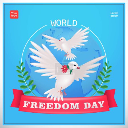 Téléchargez les illustrations : Une paire de colombes volant tout en portant des fleurs sur un fond de terre. vecteur 3d, adapté à la Journée mondiale de l'indépendance et de la paix - en licence libre de droit