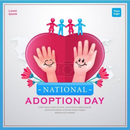 Illustration for Adoption Day. Hand with smile emoticon on heart background, flower element and stick figure family. 3d vector, suitable for posters, banners and design elements - Royalty Free Image