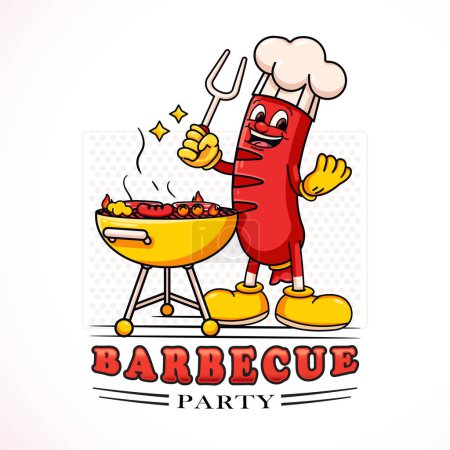 Téléchargez les illustrations : Barbecue saucisse chef bande dessinée mascotte. Convient pour les logos, mascottes, t-shirts, autocollants et affiches - en licence libre de droit